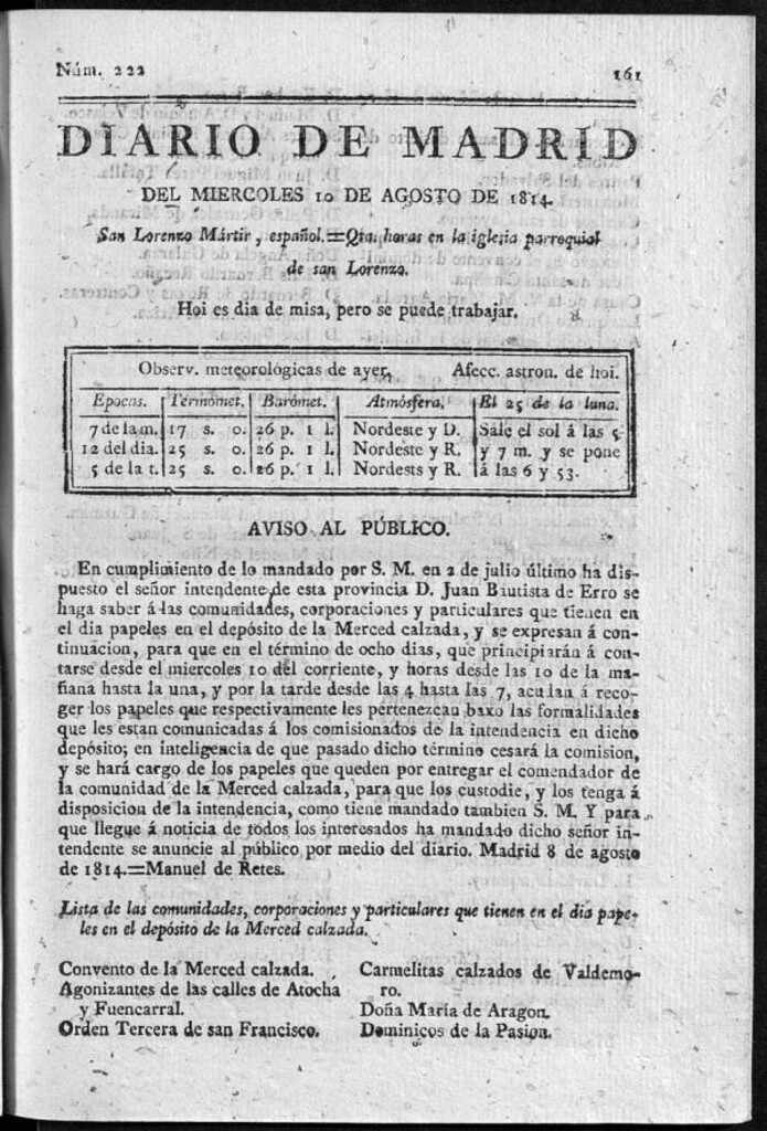 Miniatura de Diario de Madrid del miércoles 10 de Agosto de 1814