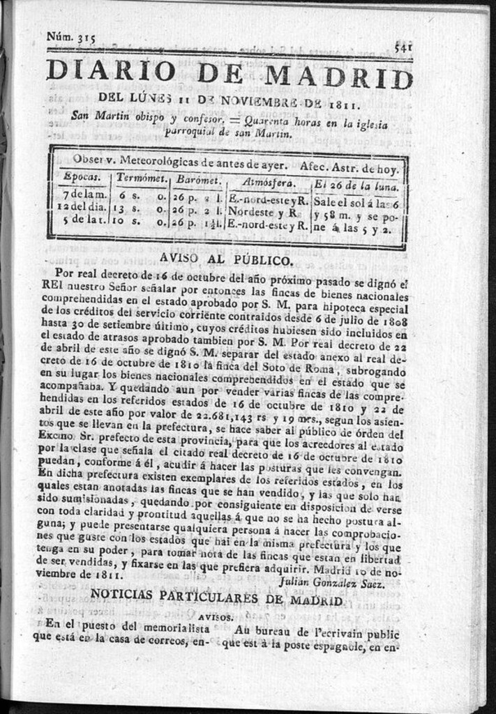 Miniatura de Diario de Madrid del lunes 11 de Noviembre de 1811