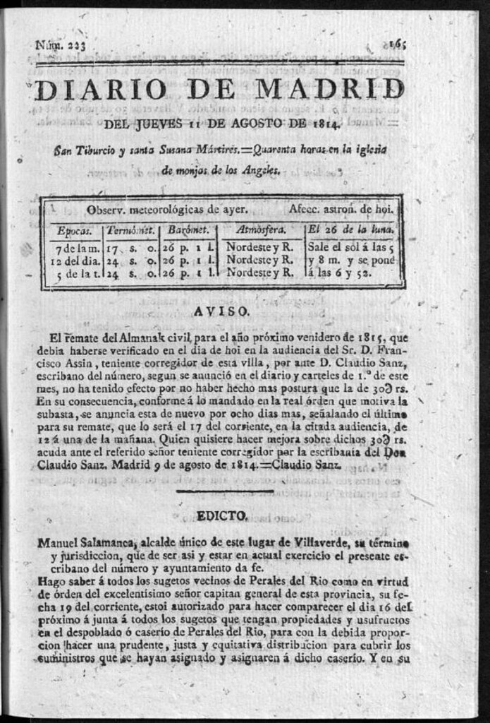 Miniatura de Diario de Madrid del jueves 11 de Agosto de 1814