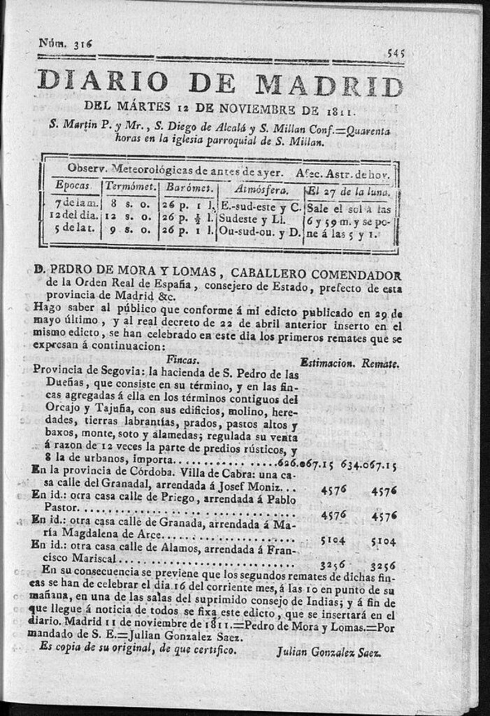 Miniatura de Diario de Madrid del martes 12 de Noviembre de 1811
