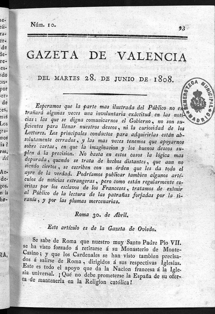 Miniatura de Gazeta de Valencia del 28 de Junio de 1808