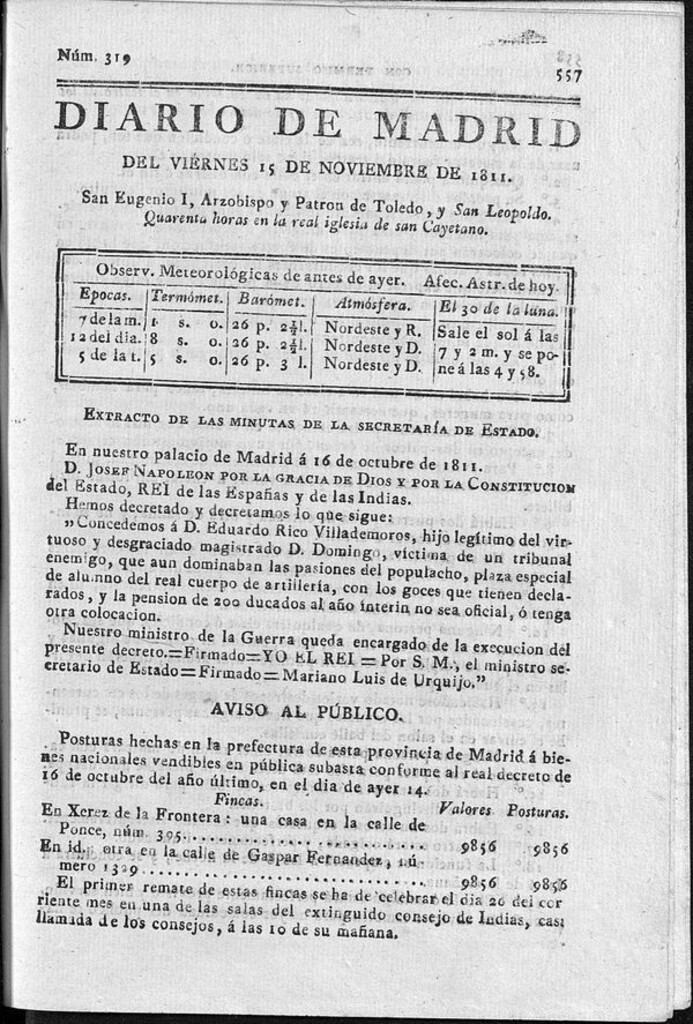 Miniatura de Diario de Madrid del viernes 15 de Noviembre de 1811