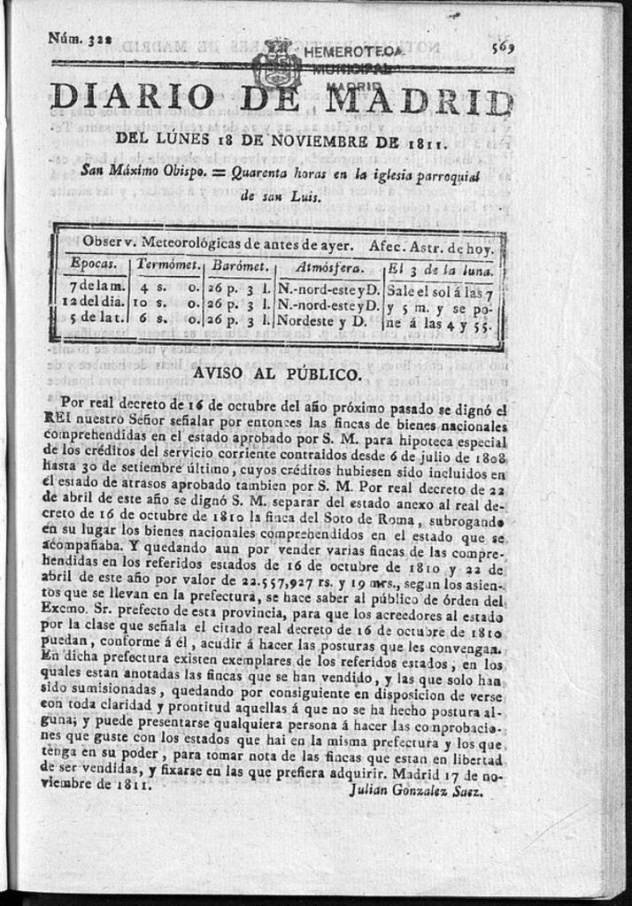 Miniatura de Diario de Madrid del lunes 18 de Noviembre de 1811