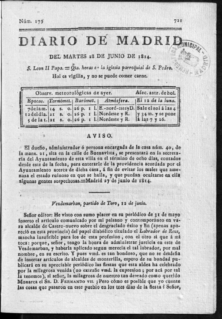 Miniatura de Diario de Madrid del martes 28 de Junio de 1814
