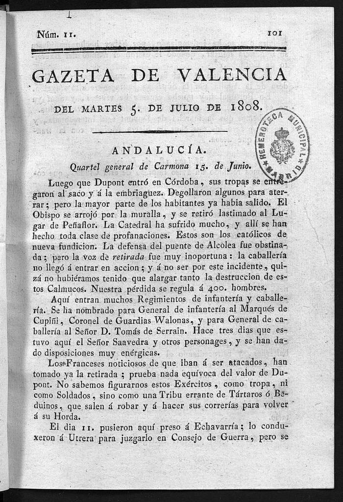 Miniatura de Gazeta de Valencia del 5 de Julio de 1808