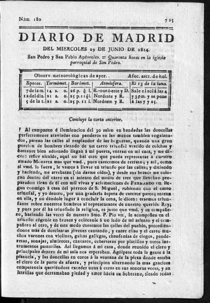 Miniatura de Diario de Madrid del miércoles 29 de Junio de 1814