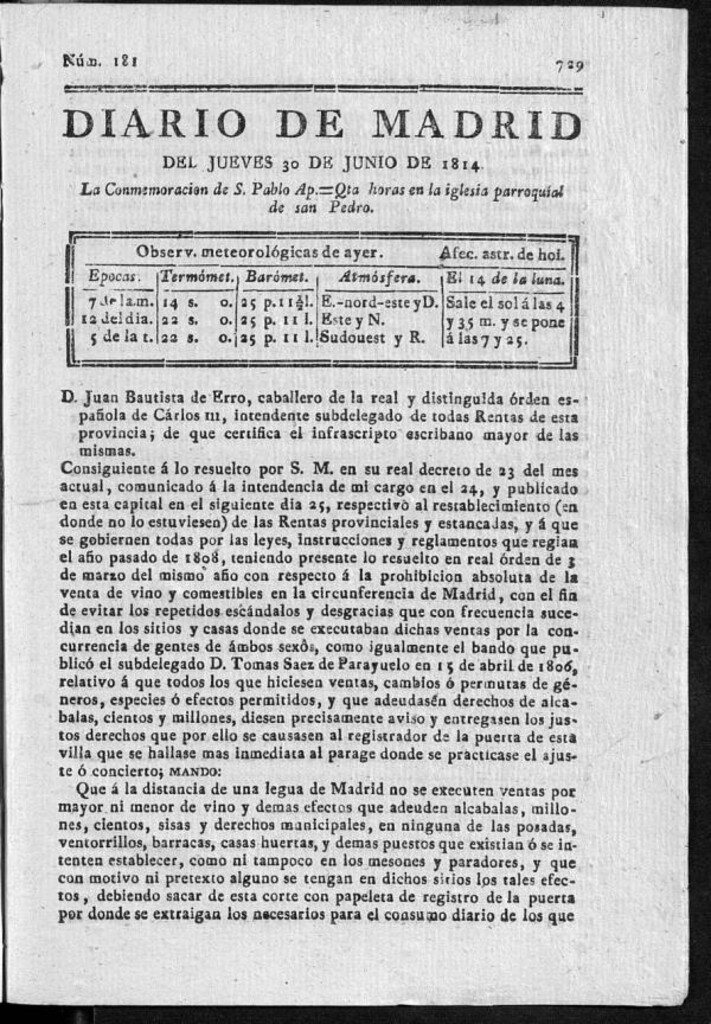 Miniatura de Diario de Madrid del jueves 30 de Junio de 1814