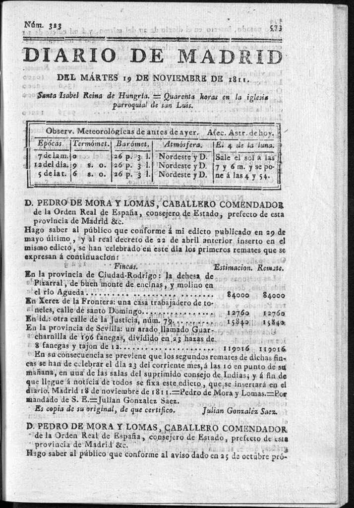 Miniatura de Diario de Madrid del martes 19 de Noviembre de 1811