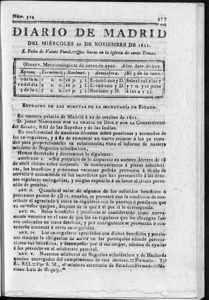 Miniatura de Diario de Madrid del miércoles 20 de Noviembre de 1811