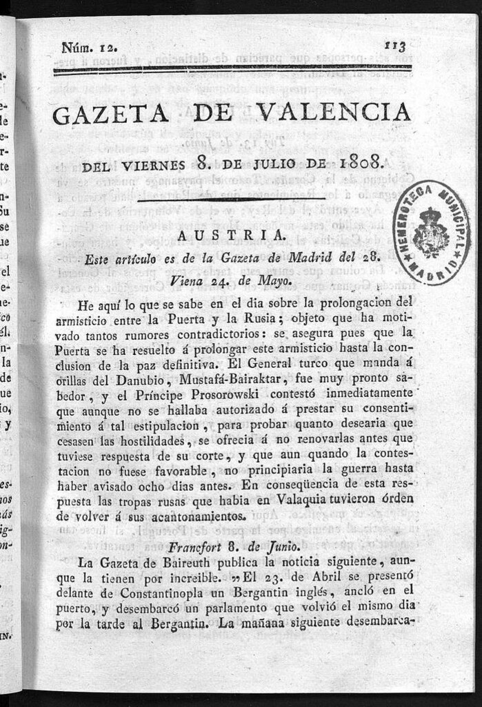 Miniatura de Gazeta de Valencia del 8 de Julio de 1808