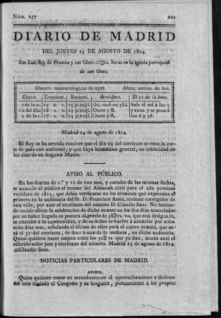 Miniatura de Diario de Madrid del jueves 25 de Agosto de 1814