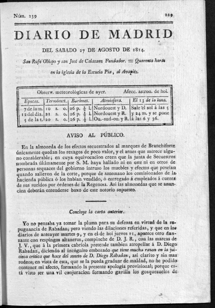 Miniatura de Diario de Madrid del sábado 27 de Agosto de 1814