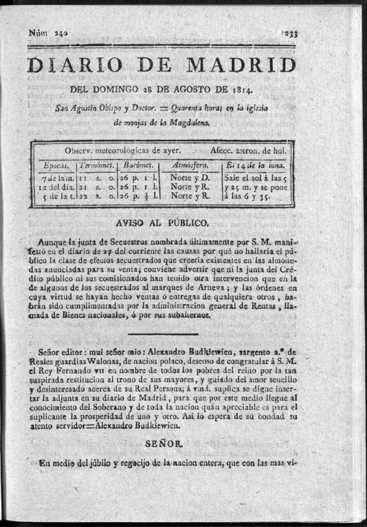 Miniatura de Diario de Madrid del domingo 28 de Agosto de 1814