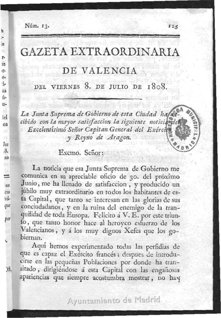Miniatura de Gazeta Extraordinaria de Valencia del 8 de Julio de 1808