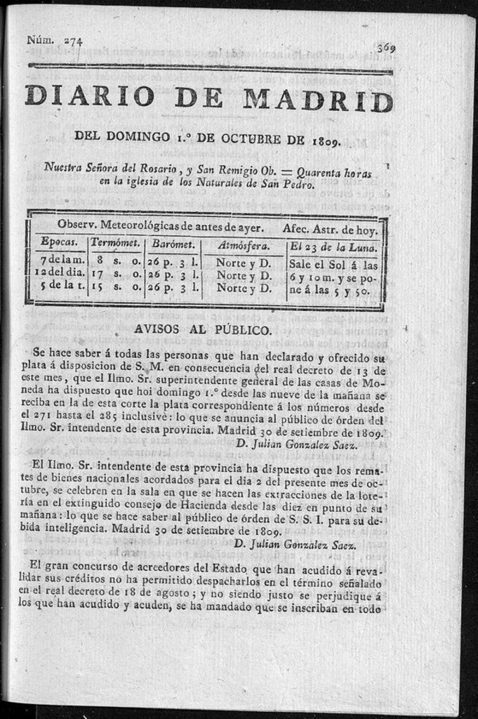 Miniatura de Diario de Madrid domingo 1 de Octubre de 1809