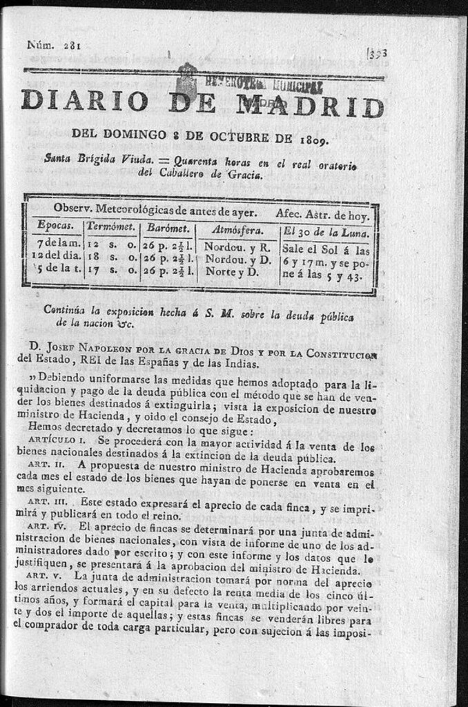 Miniatura de Diario de Madrid domingo 8 de Octubre de 1809