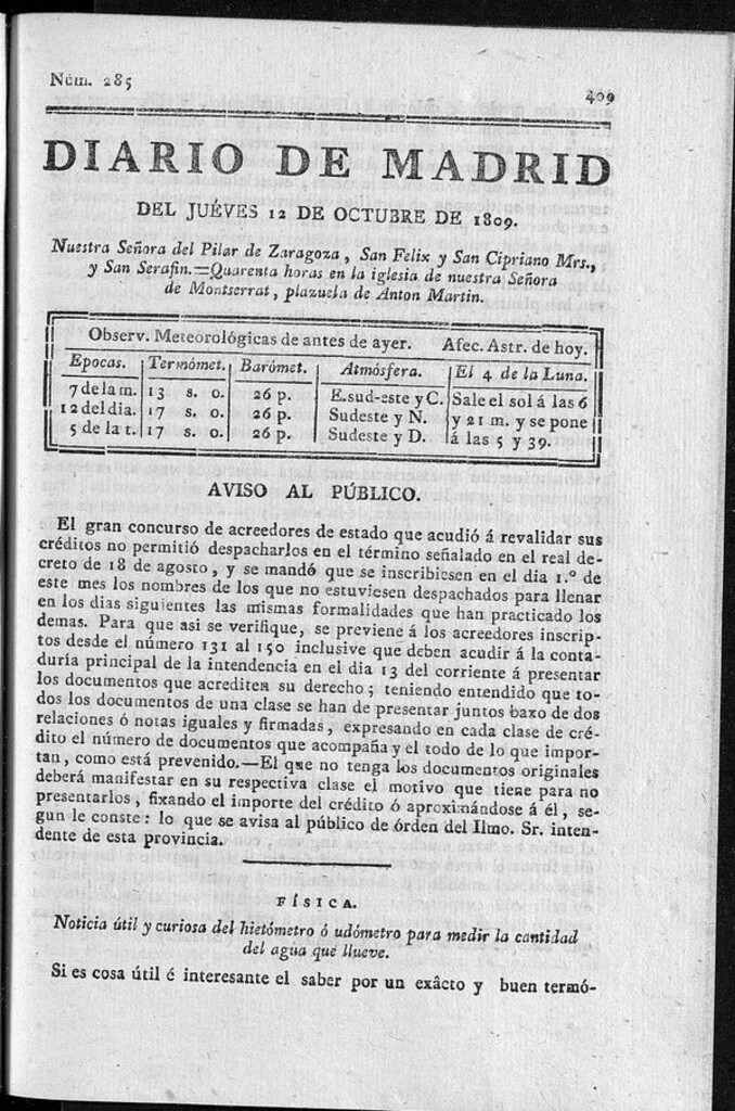 Miniatura de Diario de Madrid jueves 12 de Octubre de 1809