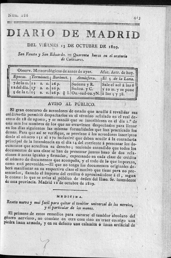 Miniatura de Diario de Madrid viernes 13 de Octubre de 1809