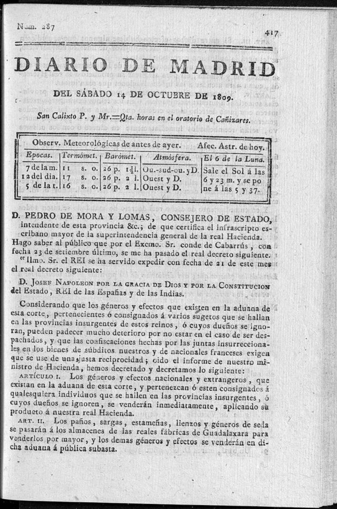 Miniatura de Diario de Madrid sábado 14 de Octubre de 1809