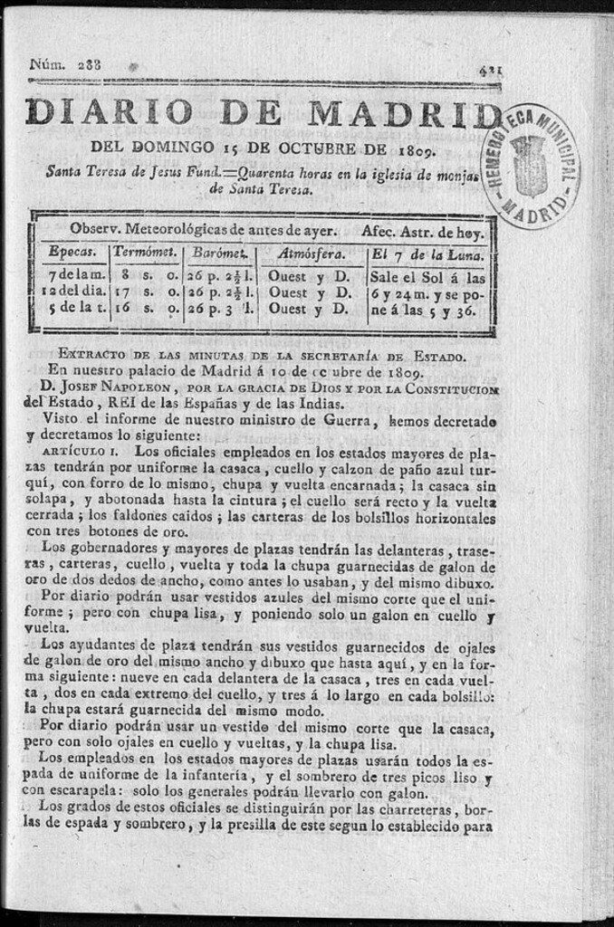 Miniatura de Diario de Madrid domingo 15 de Octubre de 1809
