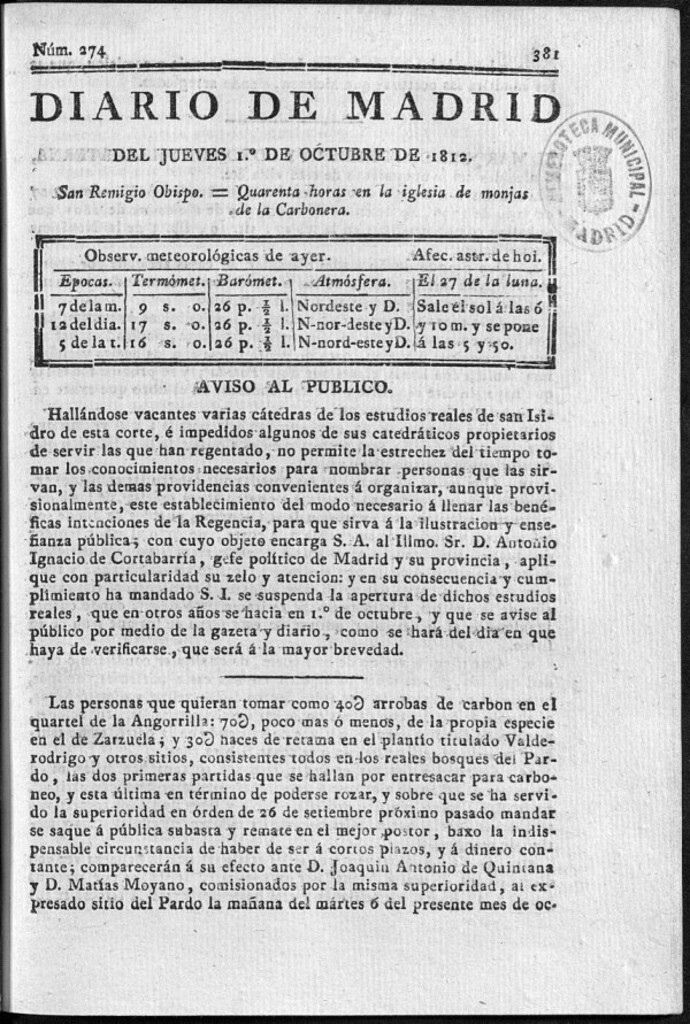 Miniatura de Diario de Madrid del jueves 1 de Octubre de 1812