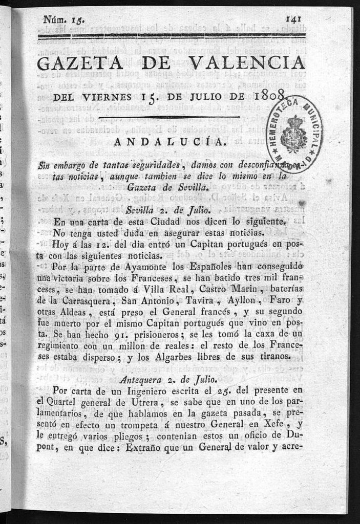 Miniatura de Gazeta de Valencia del 15 de Julio de 1808