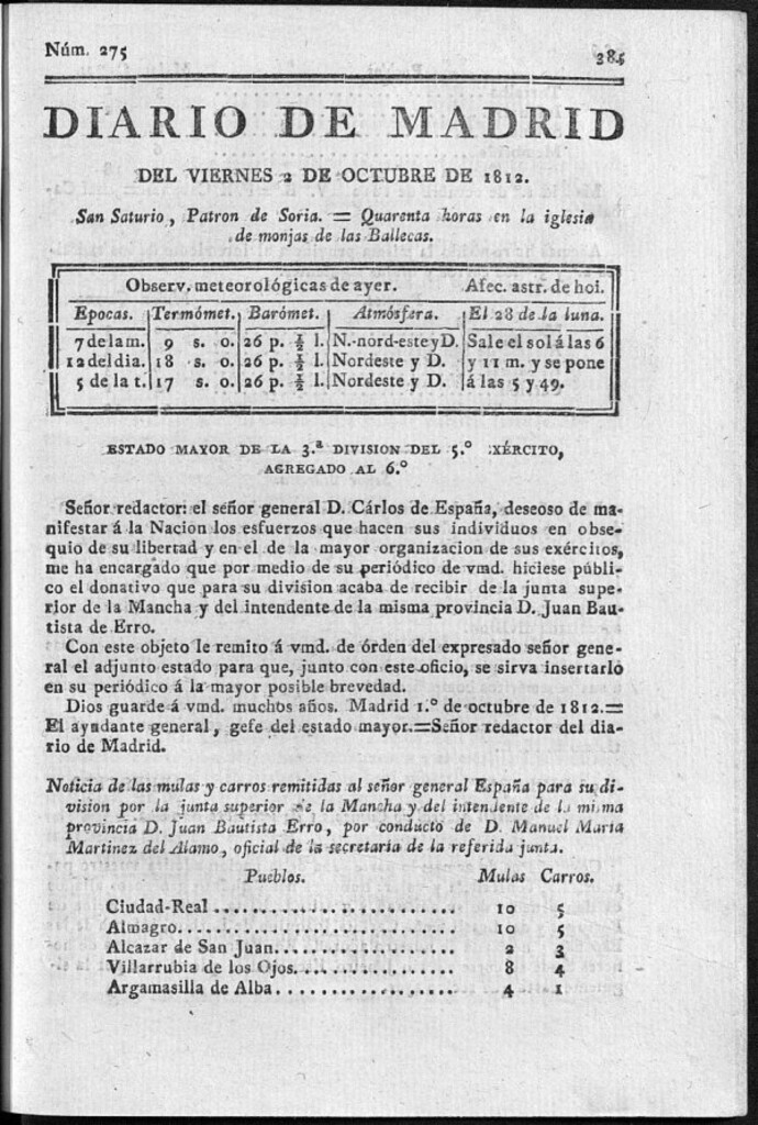 Miniatura de Diario de Madrid del viernes 2 de Octubre de 1812