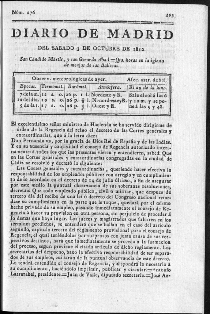 Miniatura de Diario de Madrid del sábado 3 de Octubre de 1812