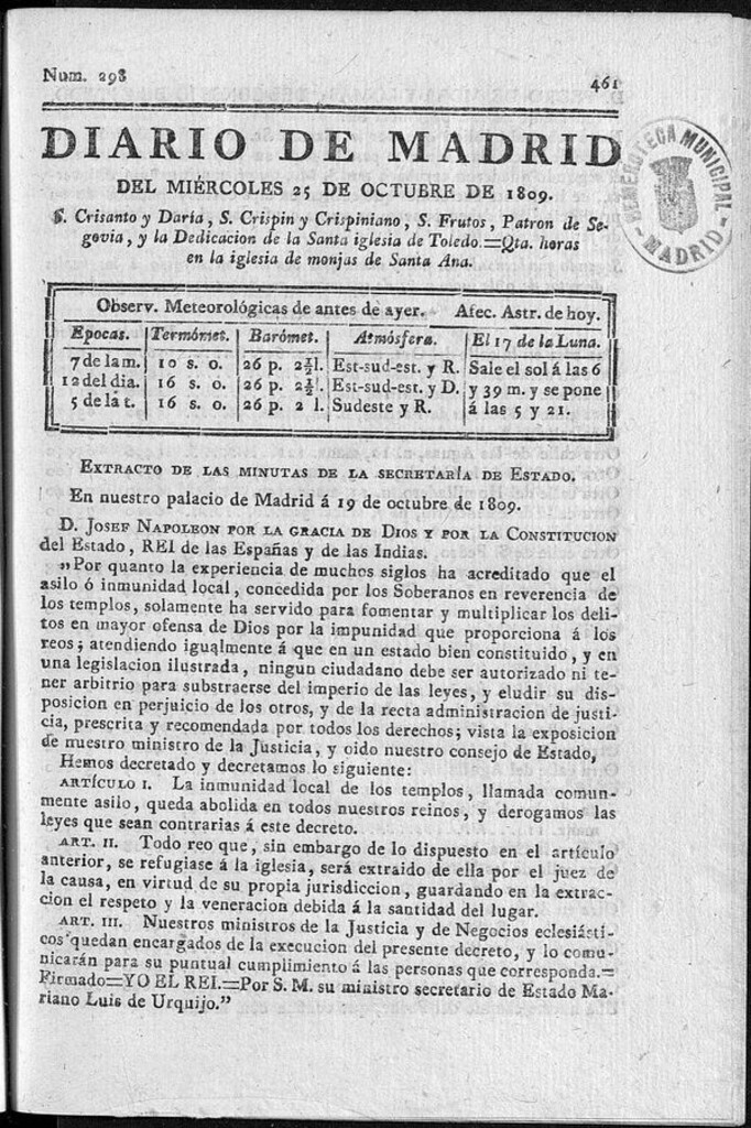 Miniatura de Diario de Madrid miércoles 25 de Octubre de 1809