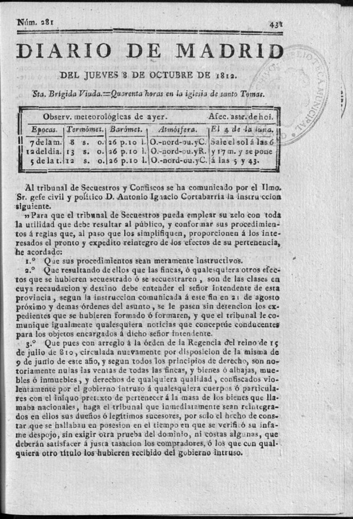 Miniatura de Diario de Madrid del jueves 8 de Octubre de 1812