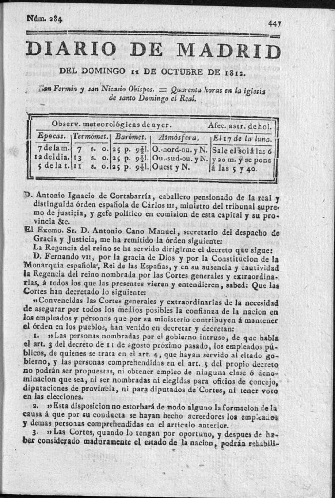Miniatura de Diario de Madrid del domingo 11 de Octubre de 1812