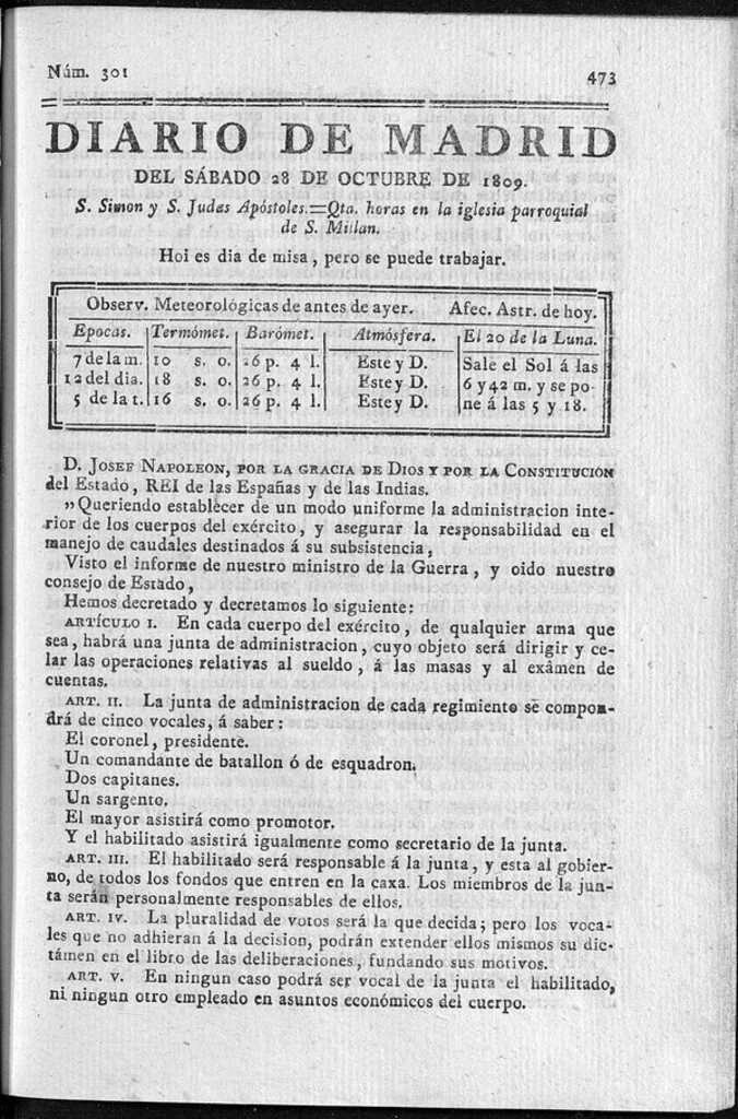 Miniatura de Diario de Madrid sábado 28 de Octubre de 1809