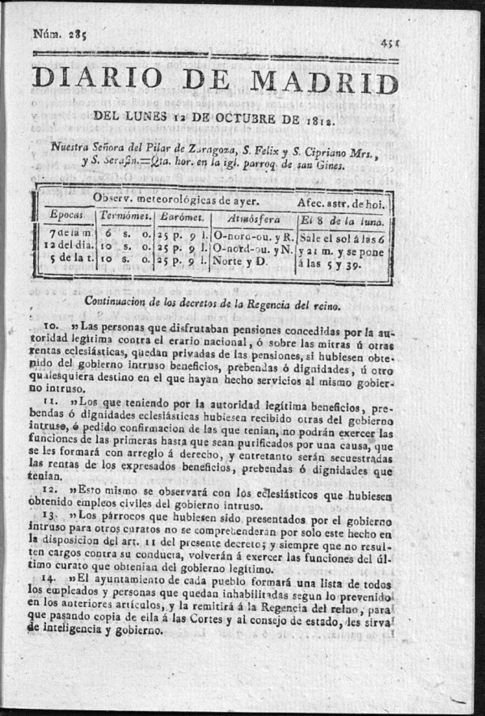 Miniatura de Diario de Madrid del lunes 12 de Octubre de 1812