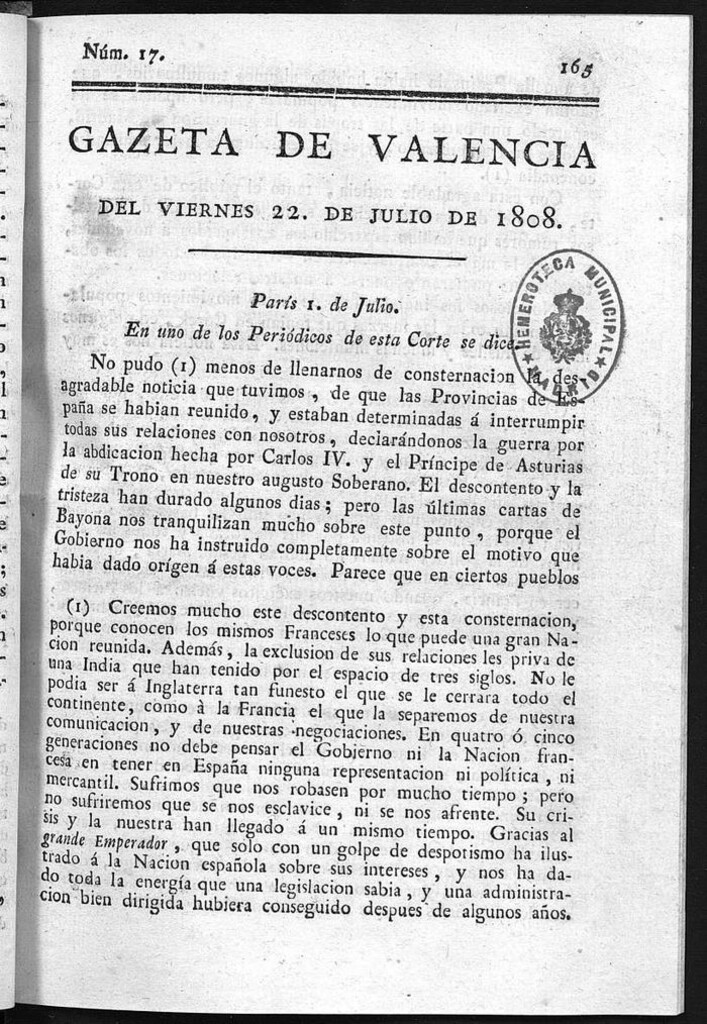 Miniatura de Gazeta de Valencia del 22 de Julio de 1808