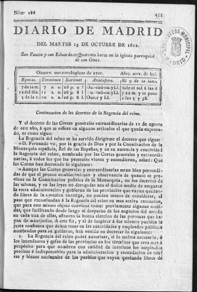 Miniatura de Diario de Madrid del martes 13 de Octubre de 1812