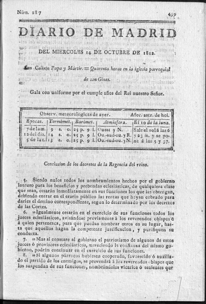 Miniatura de Diario de Madrid del miércoles 14 de Octubre de 1812