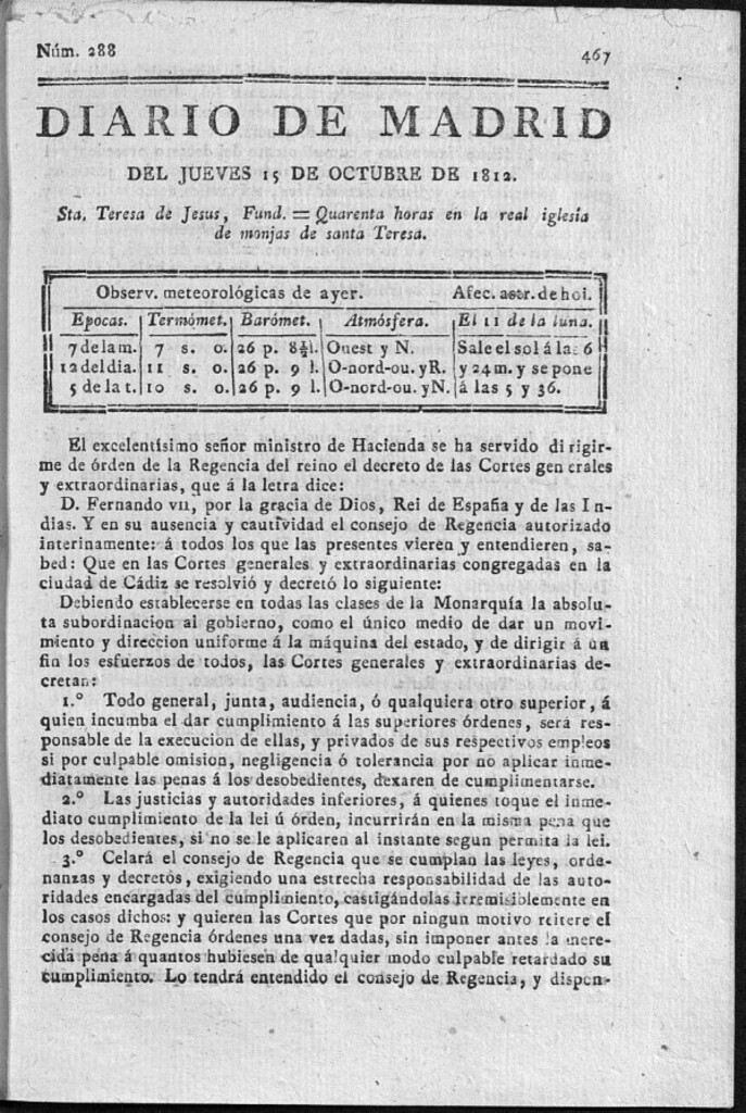 Miniatura de Diario de Madrid del jueves 15 de Octubre de 1812