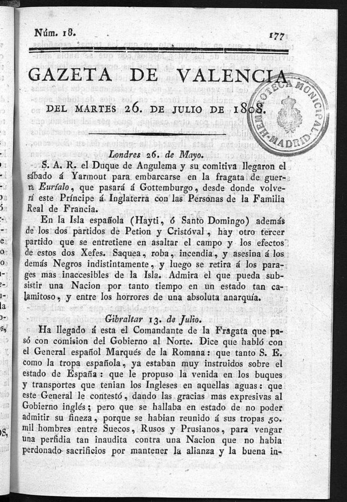 Miniatura de Gazeta de Valencia del 26 de Julio de 1808