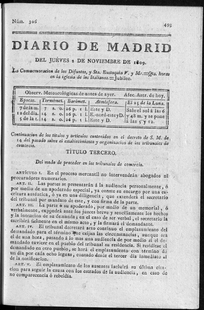 Miniatura de Diario de Madrid jueves 2 de Noviembre de 1809
