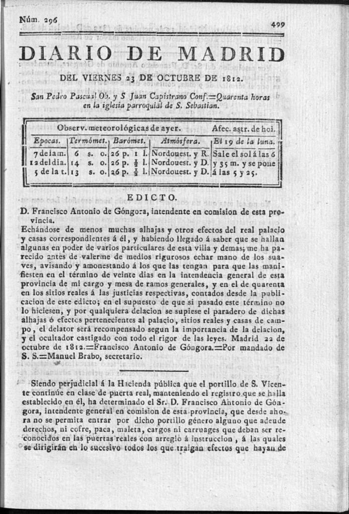 Miniatura de Diario de Madrid del viernes 23 de Octubre de 1812
