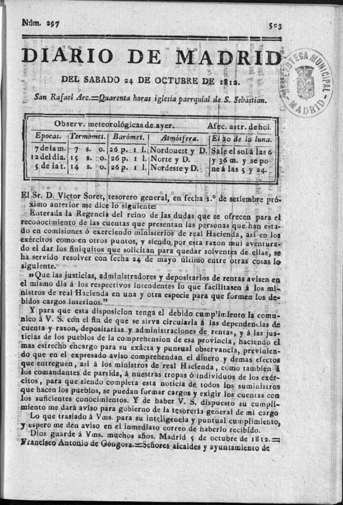 Miniatura de Diario de Madrid del sábado 24 de Octubre de 1812
