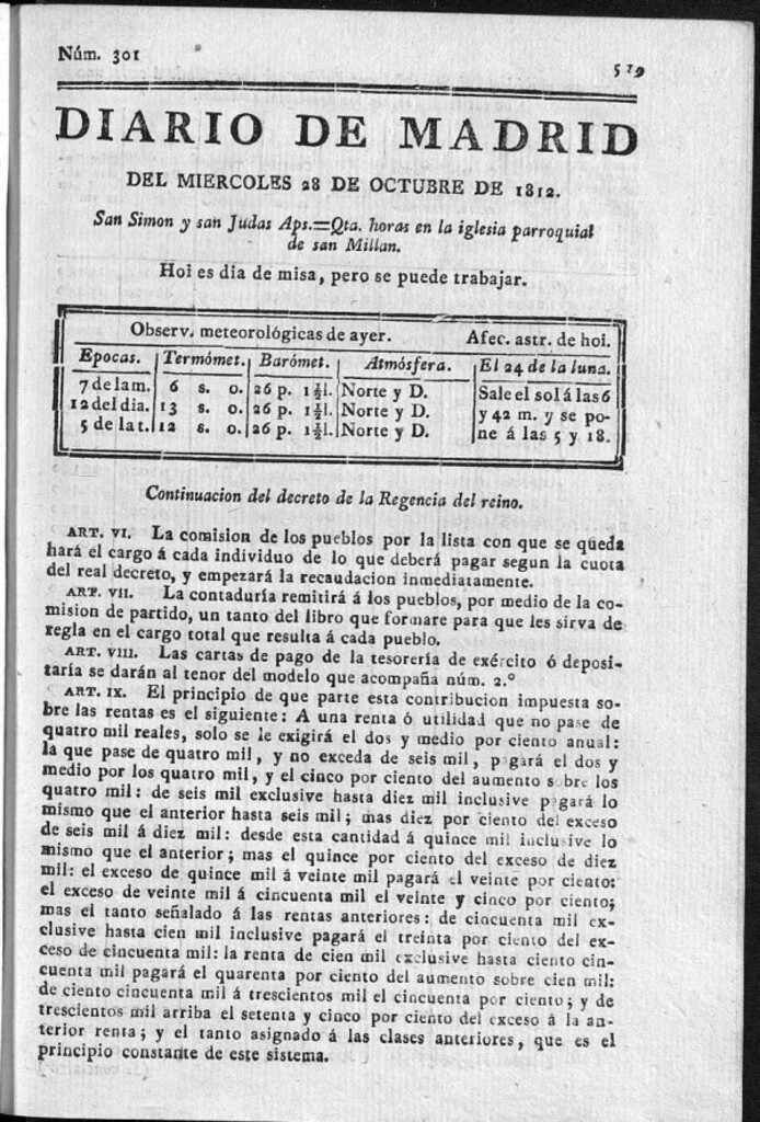 Miniatura de Diario de Madrid del miércoles 28 de Octubre de 1812