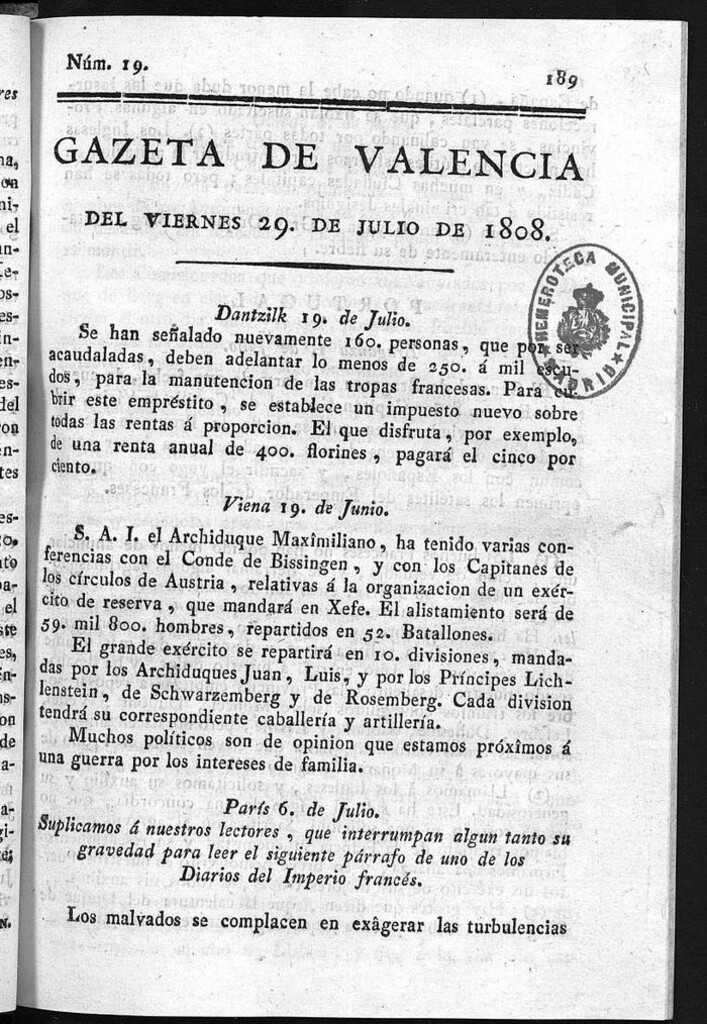 Miniatura de Gazeta de Valencia del 29 de Julio de 1808
