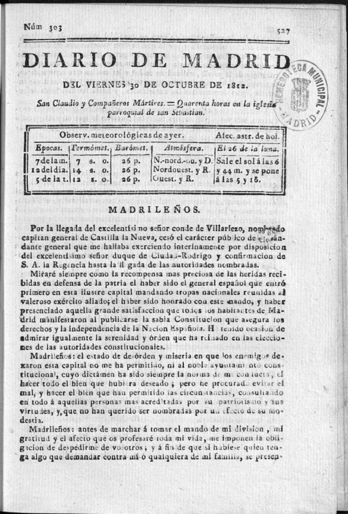 Miniatura de Diario de Madrid del viernes 30 de Octubre de 1812
