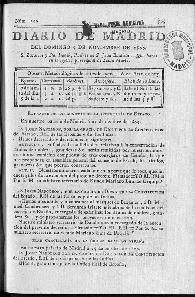 Miniatura de Diario de Madrid domingo 5 de Noviembre de 1809