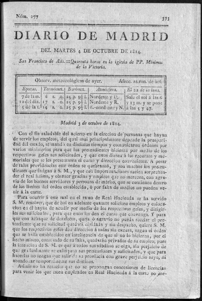 Miniatura de Diario de Madrid del martes 4 de Octubre de 1814