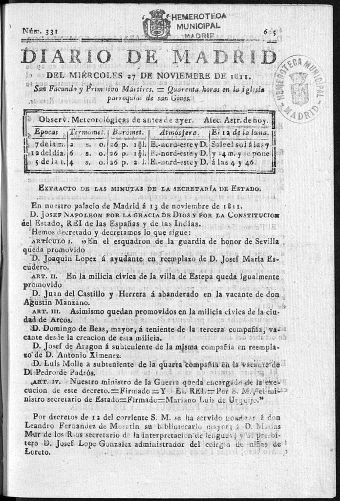 Miniatura de Diario de Madrid del miércoles 27 de Noviembre de 1811