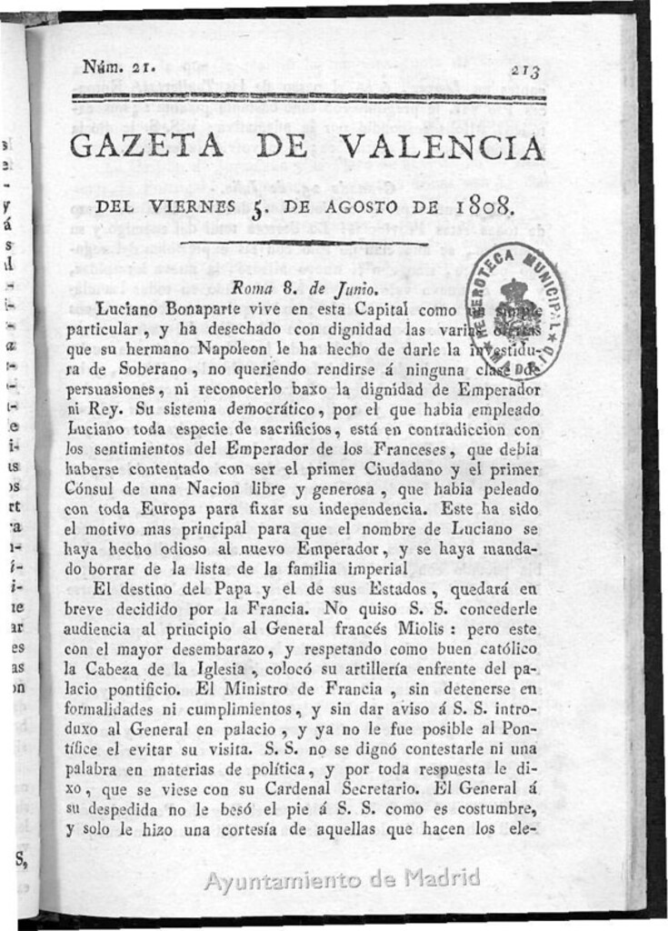 Miniatura de Gazeta de Valencia del 5 de Agosto de 1808