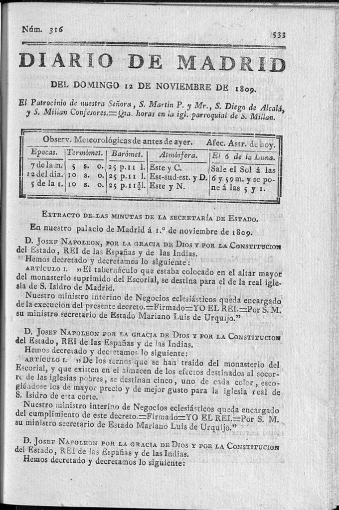 Miniatura de Diario de Madrid domingo 12 de Noviembre de 1809