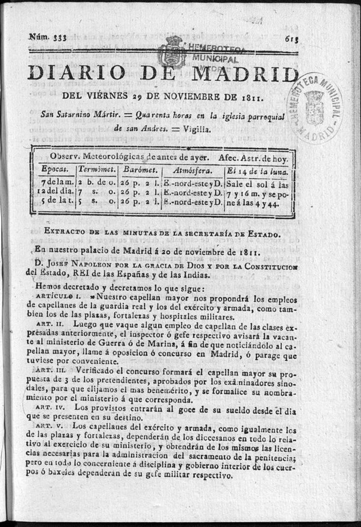 Miniatura de Diario de Madrid del viernes 29 de Noviembre de 1811
